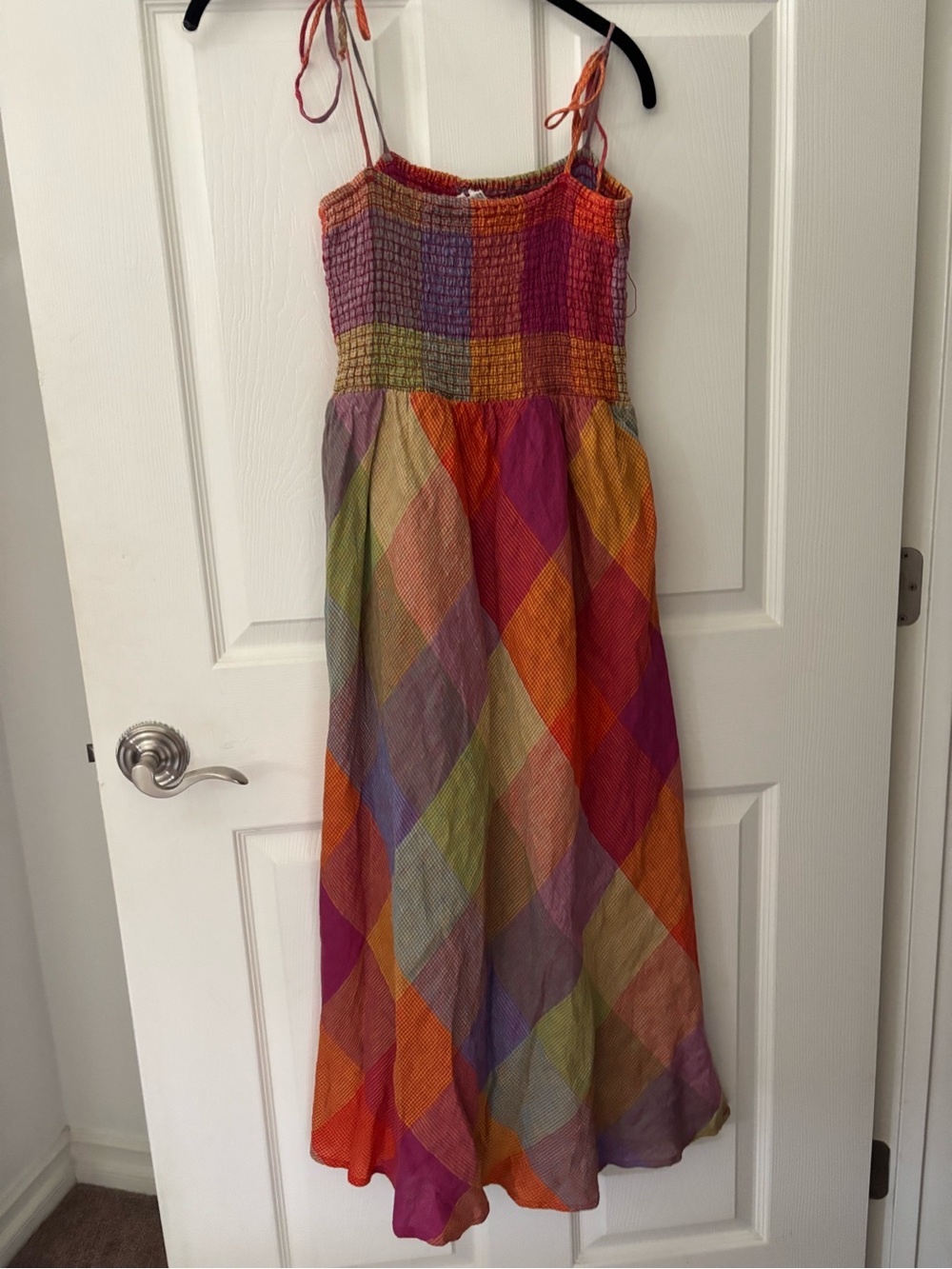 Multicolor Diamond-Print Smocked Maxi Sundress with Tie Straps